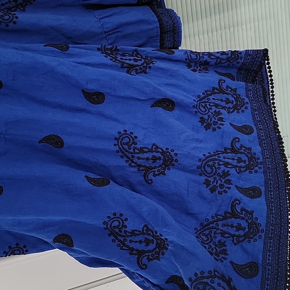 Charter Club Cobalt Blue & Black Embroidery Flutter Sleeve Linen Shirt Sz XL - Picture 3 of 12